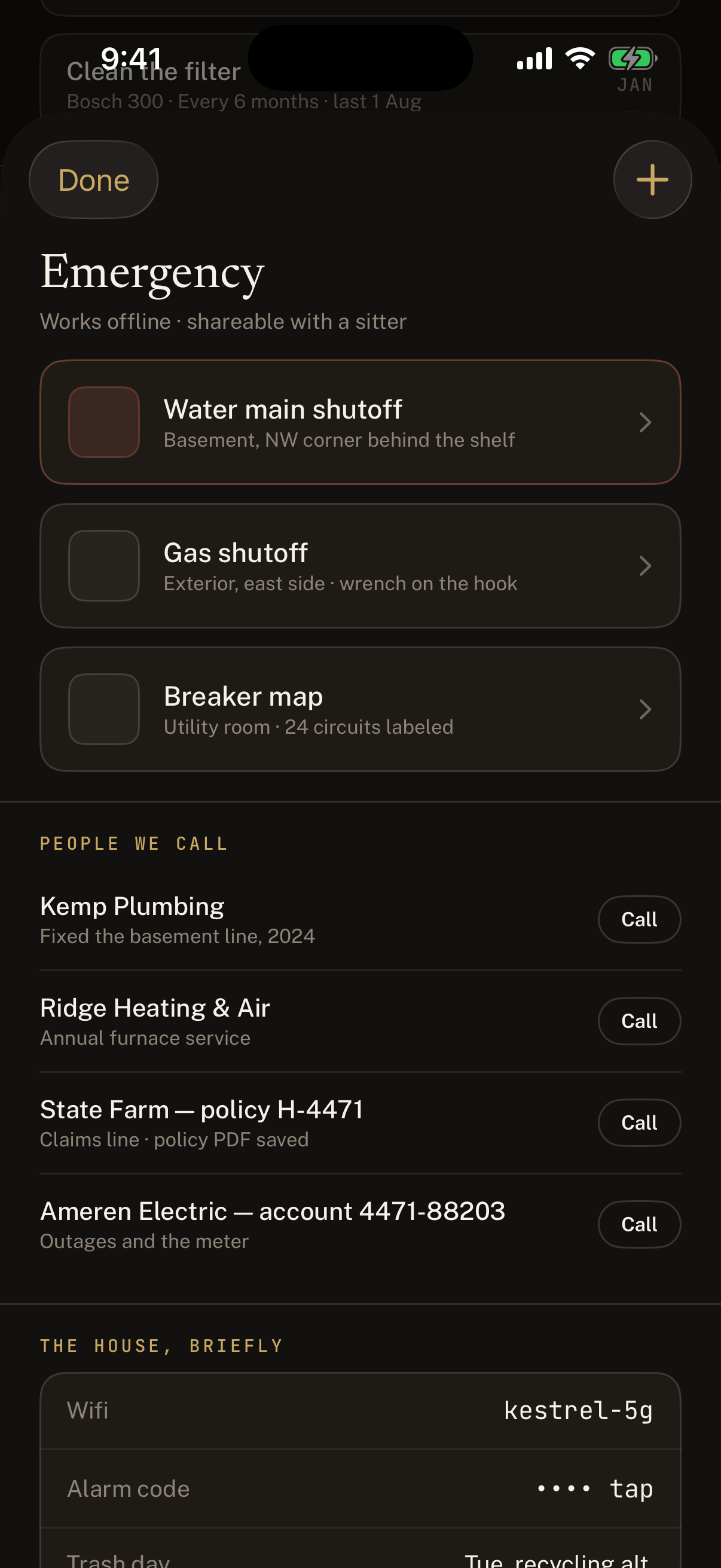 The emergency card on iPhone: water and gas shutoffs, the breaker map, the people you call, and an alarm code masked until it is tapped.