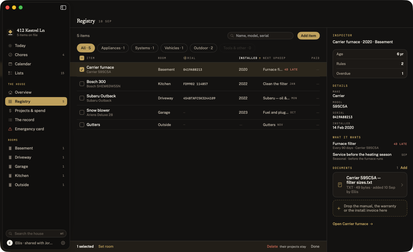 The registry on Mac as a sortable table, with one item selected and the inspector showing its serial number, schedules and documents.