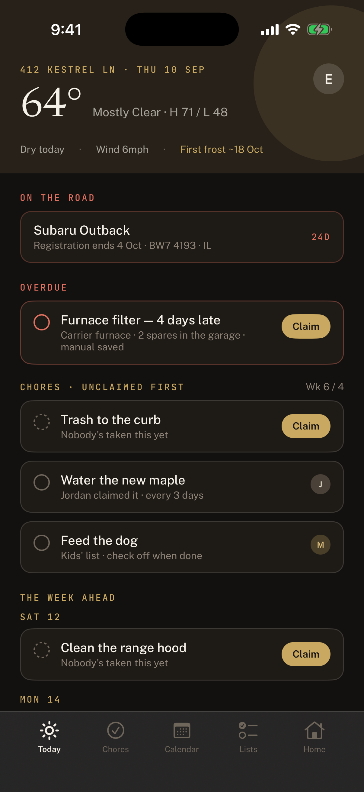 Today on iPhone: an overdue furnace filter naming the item it belongs to, and the day's chores with claim buttons.